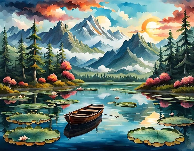 A boat floats on the mountain lake, csonak, tajkep, termeszet, fak, erdo, tavak, vizililiom, hegyek, HD wallpaper