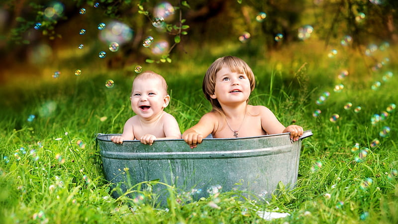 Cute Boy Baby Child Inside Bathtub On Green Grass Colorful Bubbles Background Cute, HD wallpaper