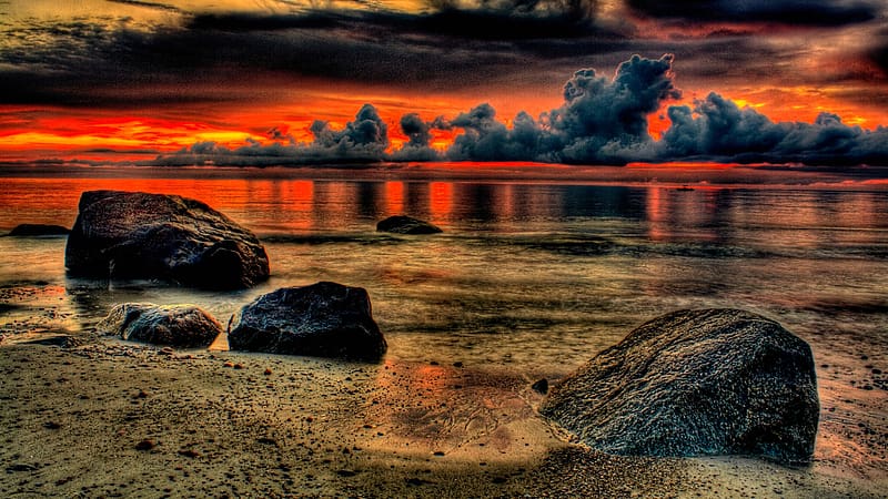 Lakeside Sunset, colorful, reflictions, clouds, sky, water, stones, HD wallpaper