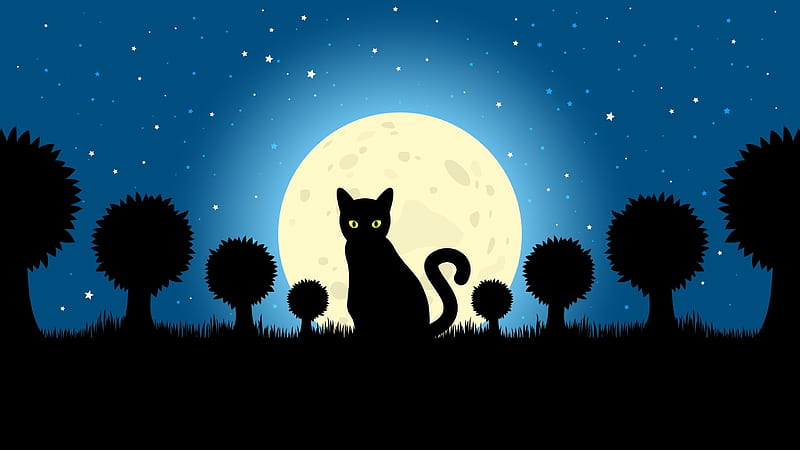 Moonlight, moon, black, cat, silhouette, fantasy, moon, white, pisica, blue, HD wallpaper