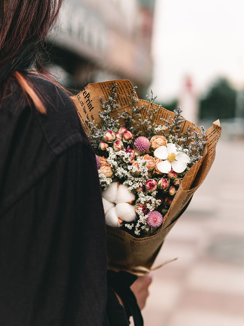 Flowers, bouquet, newspaper, girl, HD phone wallpaper | Peakpx