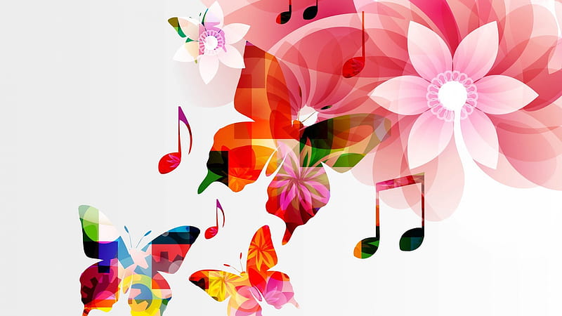 Melody of Butterflies, colorful, music, melody, abstract, play, song, bright, summer, flowers, musical notes, pink, HD wallpaper