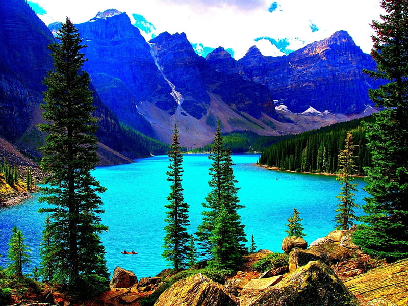 Lake Louise, Alberta, Canada, Banff NP, landscape, mountains, firs, HD wallpaper