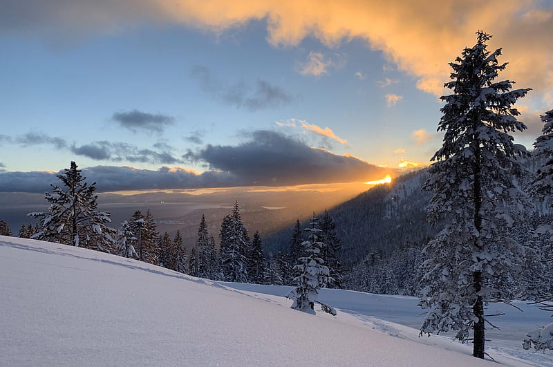 Above Incline Village Lake Tahoe Nevada, sky, snow, winter, sunset, trees, clouds, HD wallpaper