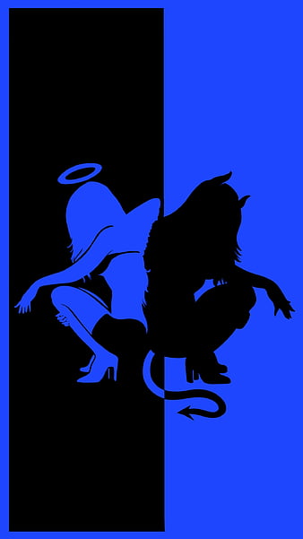 devil & angel blue black, figure, girl, silhouette, wing, HD phone wallpaper