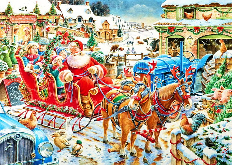 The Christmas Farm, sleigh, tractor, houses, children, birds, cat, artwork, horses, santa, cows, HD wallpaper