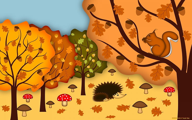 Autumn, mushrooms, trees, animals, HD wallpaper