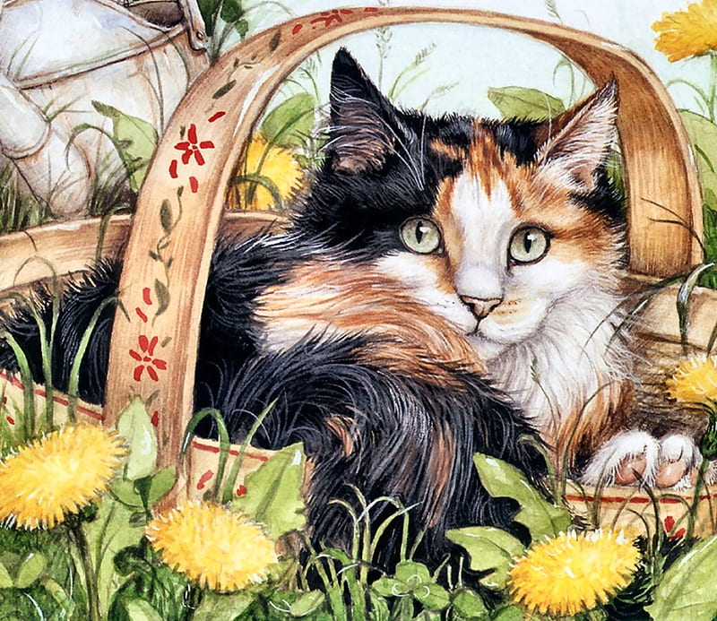 Calico Cat in Basket F, art, bonito, pets, artwork, animal, feline, calico, basket, painting, wide screen, flowers, cats, HD wallpaper