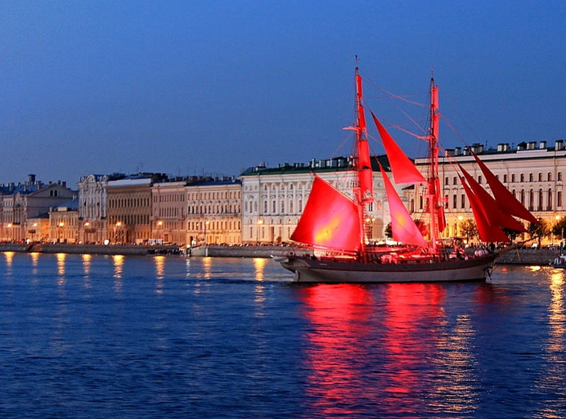 Red boat in St. petersburg, Russia, , expression, new, color, HD wallpaper