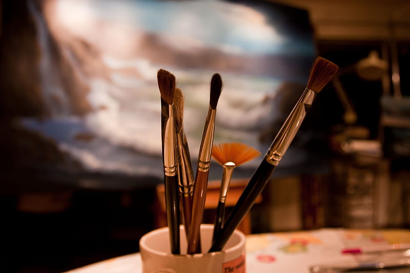 art, brushes, cup holder, blurry, Others, HD wallpaper