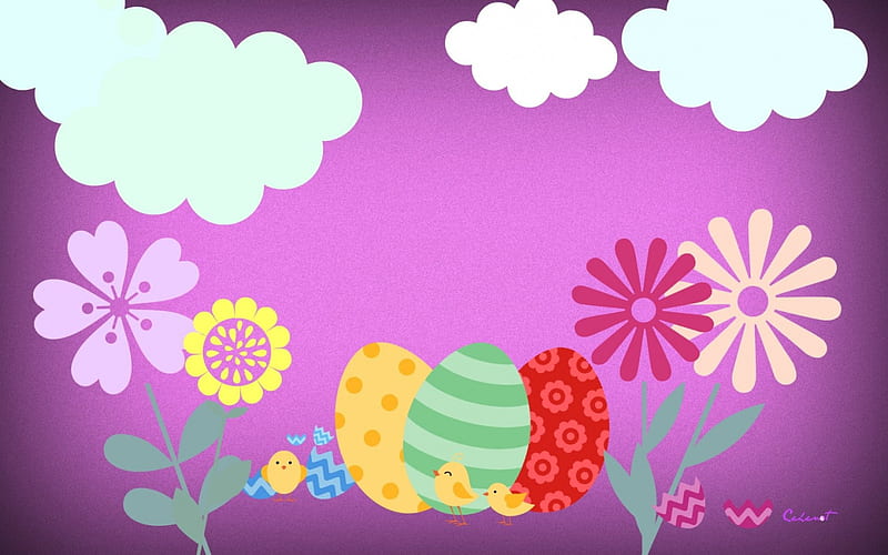 Happy Easter!, red, cloud, chicken, yellow, easter, by cehenot, cute, egg, green, purple, flower, white, pink, blue, HD wallpaper