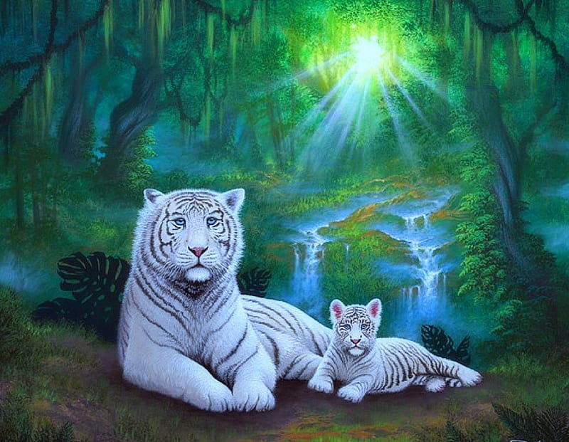 ..Family of White Tigers.., family of white tigers, colorful, woods, tigers, bonito, digital art, rays light, paintings, little falls, forests, drawings, big wild cat, sunbeam, animals, lovely, colors, creative pre-made, trees, cool, sunshine, nature, HD wallpaper