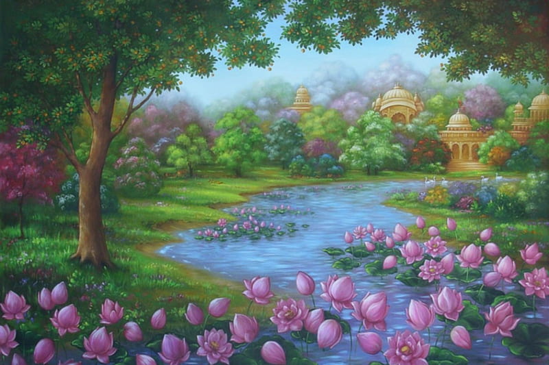 Vrindavana, stream, pretty, lotus, bonito, swam, floral, sweet, blossom, nice, fantasy, green, painting, temple, beauty, river, scenery, pink, gorgeous, forest, lovely, lake, pond, building, tree, garden, scene, HD wallpaper