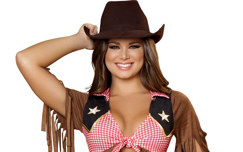All American Cowgirl, brunette, stars, cowgirl, fringe, checkers, hat, HD wallpaper