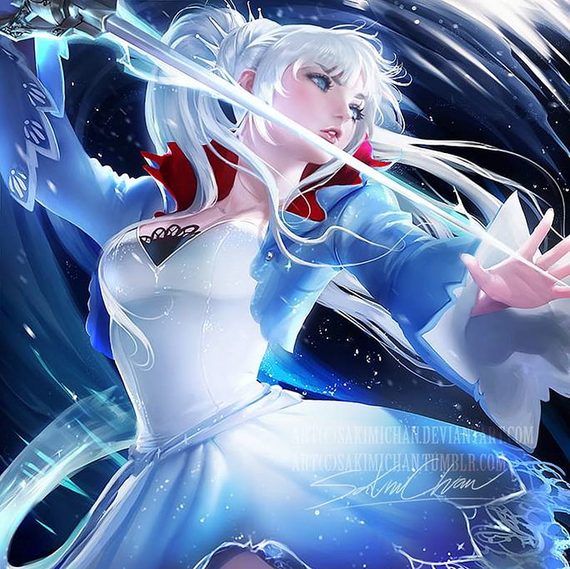 Weiss Schnee, pretty, bonito, sweet, nice, pointing, blade, anime, beauty, anime girl, weapon, long hair, sword, female, lovely, schnee, rwby, weiss, winter, point, girl, snow, silver hair, white, HD wallpaper