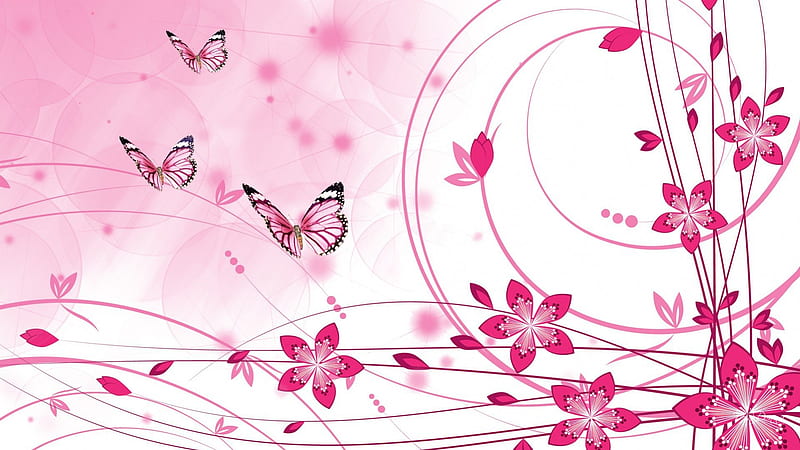 Just a Touch of Color, flowers, glow, soft, butterflies, spring, summer, papillon, flowers, vines, pink, light, HD wallpaper