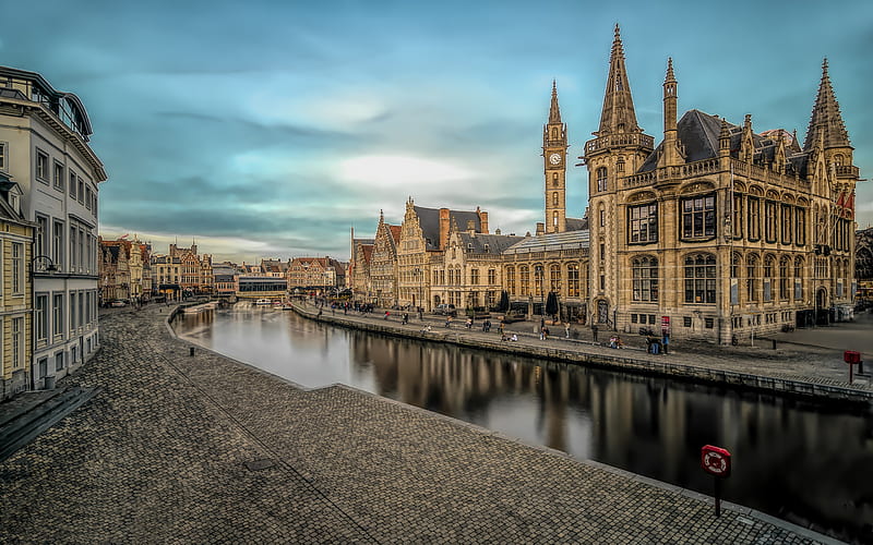 Graslei, Ghent, Belgian city, evening, sunset, beautiful architecture, Belgium, HD wallpaper