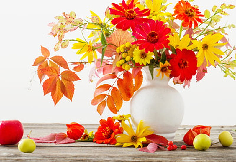 Still life with autumn, Vase, Colorful, Fruits, Flowers, Autumn, Bouquet, HD wallpaper