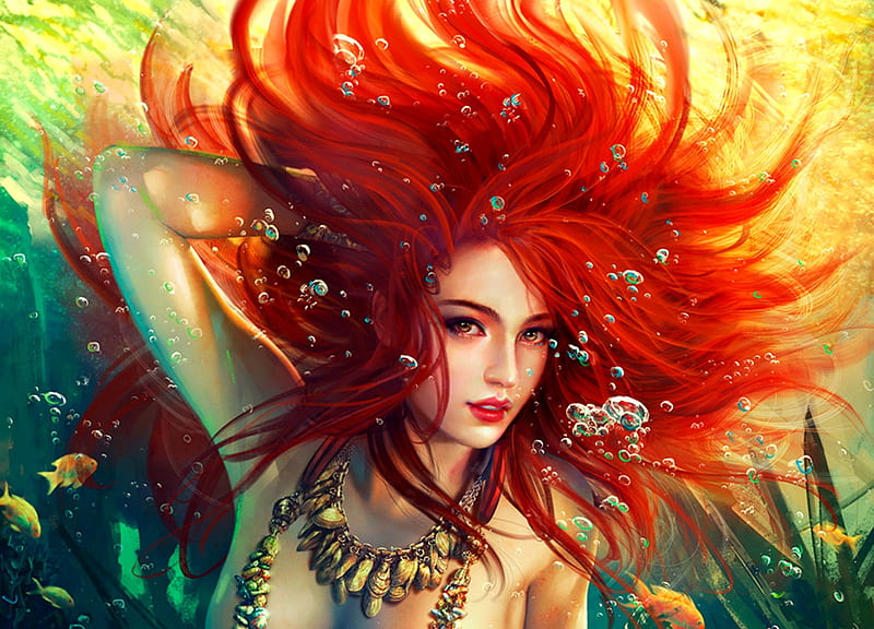 Mermaid, frumusete, bubble, luminos, fish, redhead, sara, legend of the cryptids, game, fantasy, water, summer, beauty, mariowibisono, unbound mermaid, HD wallpaper