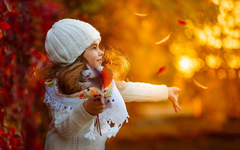 Welcome Autumn, autumn, little, orange, hat, leaf, girl, copil, child,  white, HD wallpaper | Peakpx