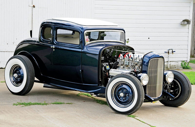 1932-Ford-Coupe, Classic, Whitewalls, Hotrod, DK Blue, HD wallpaper
