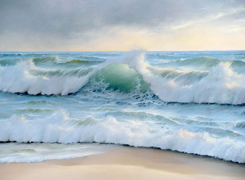Rolling Waves, beach, sand, water, ocean, nature, waves, clouds, sky, HD wallpaper