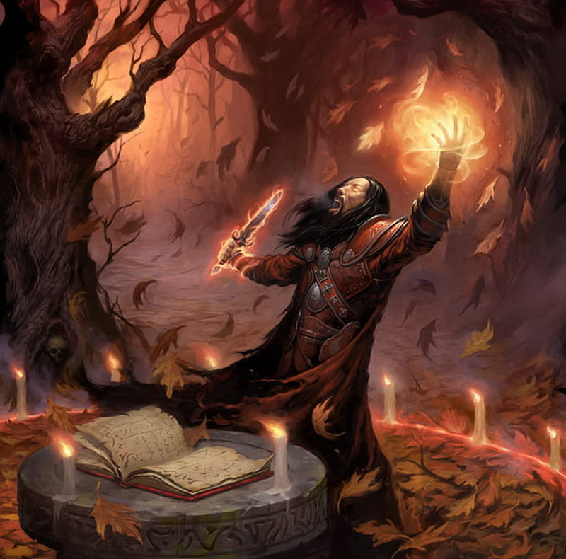 Book of Rituals, forest, fantasy, dark, book, magic, mage, candles, HD wallpaper