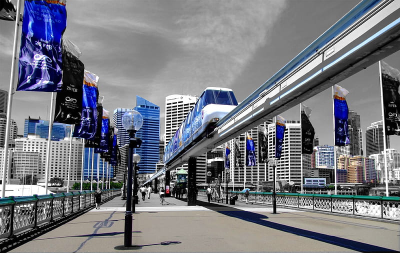 The Sydney Mono Rail, train, bridge, flags, monorail, HD wallpaper