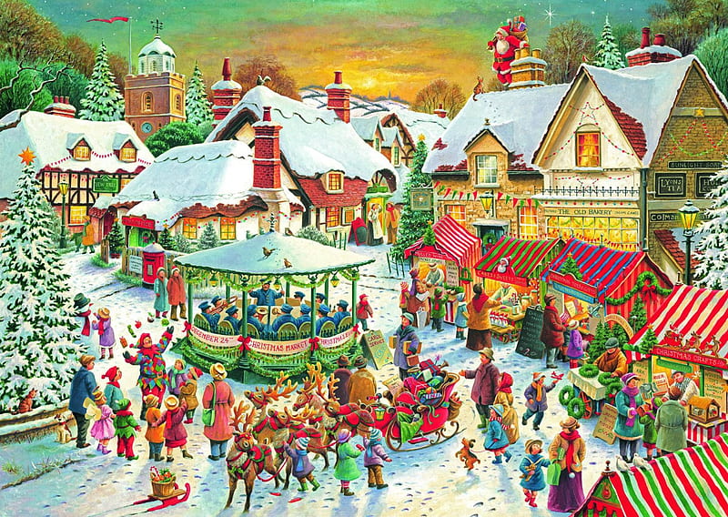 Christmas Market, center, santa, christmas, snow, town, market, winter, HD wallpaper