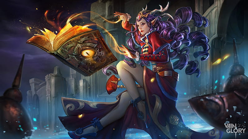 Sorceress, vain glory, elf, zinnadu, book, game, fantasy, vainglory, girl, HD wallpaper