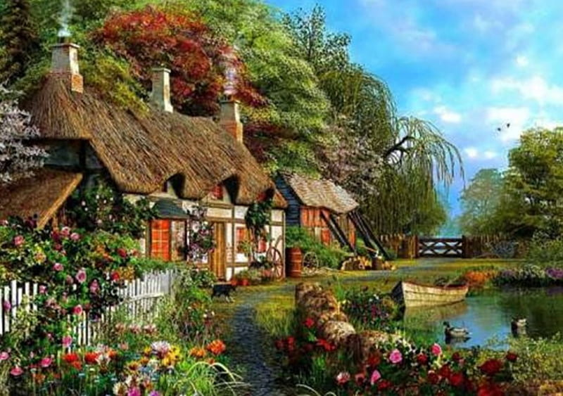 Cottage to the river, art, paintings, houses, flowers, beauty, nature ...