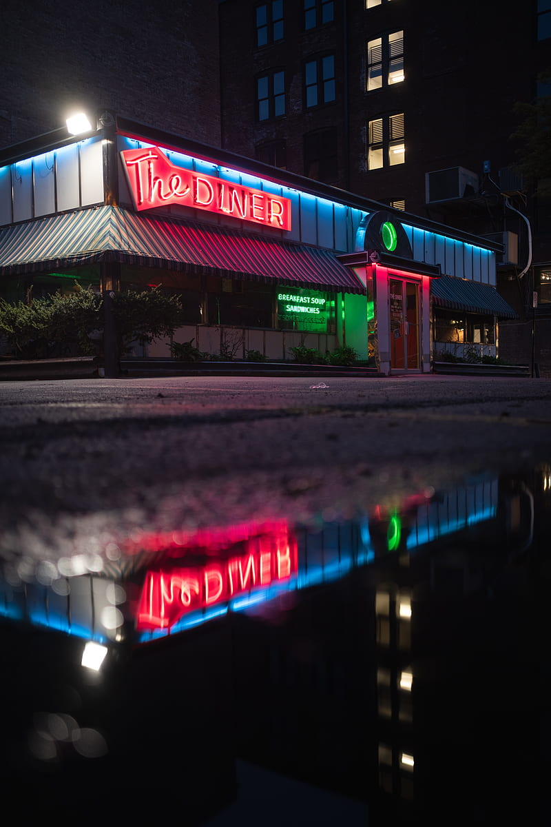 building, neon, sign, puddle, reflection, HD phone wallpaper