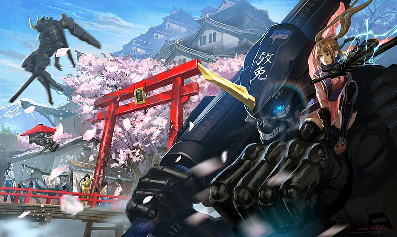original characters, Samurai, Robot, Mech, Cherry blossom / and Mobile &, HD wallpaper