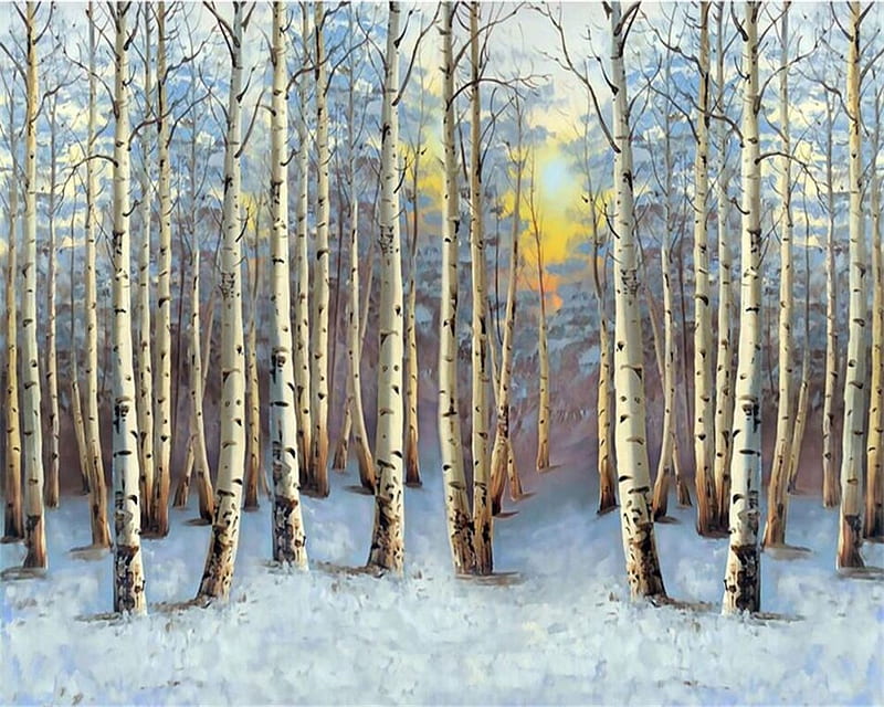 Beautiful poplars, winter, painting, snow, landscape, trees, nature, poplars, forest, HD wallpaper