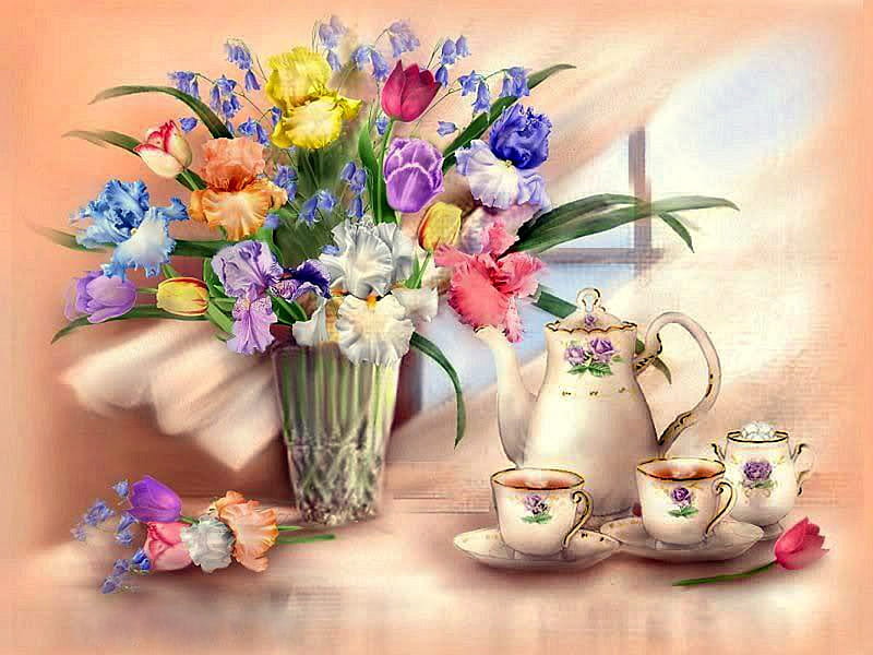 Tea Party, table, vase, tea, blue bells, still life, flowers, tulips, tea pot, cups, iris, HD wallpaper