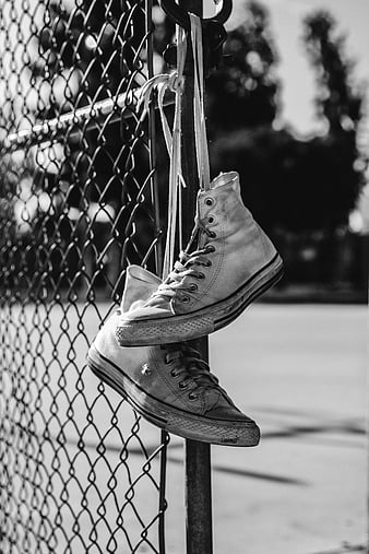 sneakers, shoes, bw, mesh, fence, HD phone wallpaper