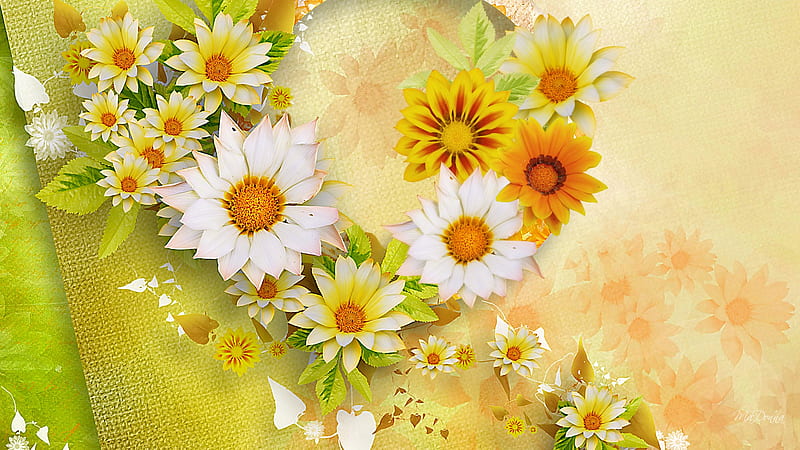 Sunshine Yellow, burlap, fall, autumn, yellow, firefox persona, floral, green, summer, flowers, vines, daisy, HD wallpaper