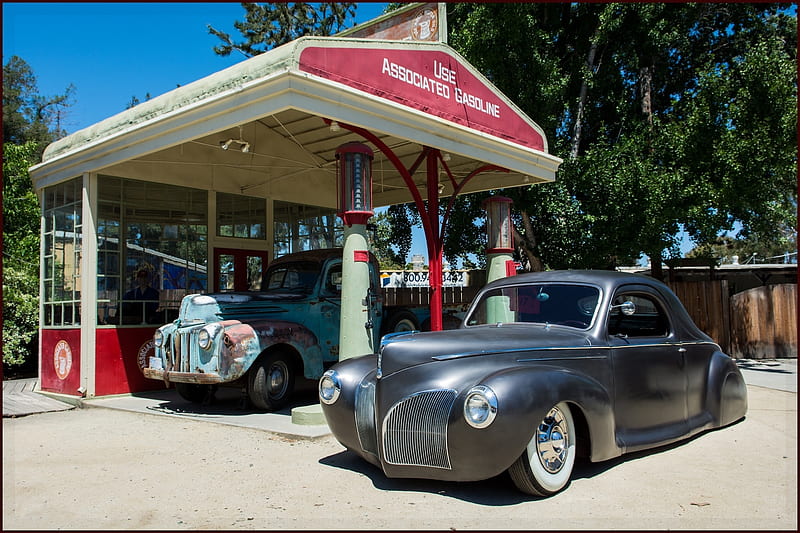 1939 Lincoln Zephyr, gas station, lowrider, old, car, HD wallpaper