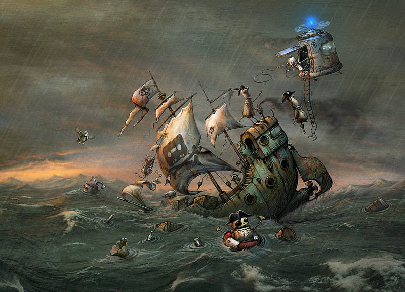 Steampunk, Water, Ship, Abstract, Fantasy, HD wallpaper