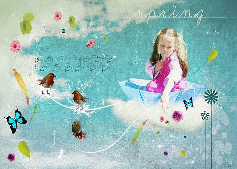 Welcome spring !, girl, flowers, spring, butterflies, joy, blue, HD wallpaper
