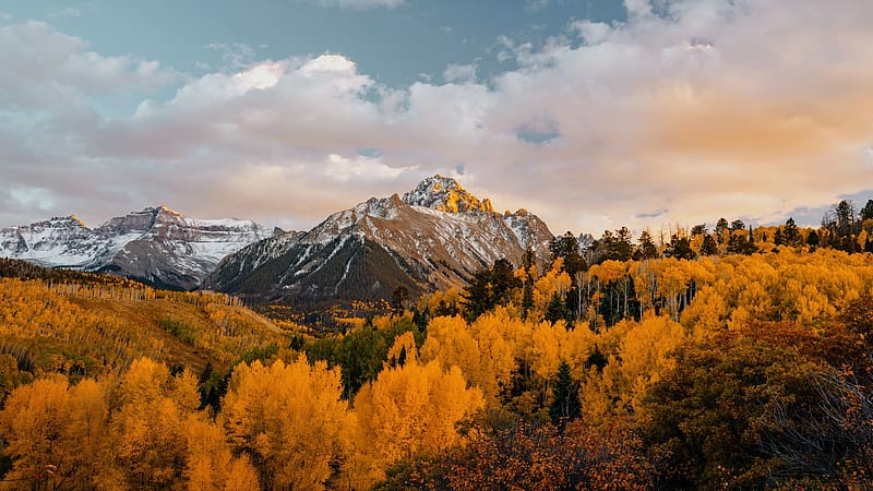 Fall in the San Juans - Ridgway, Colorado, trees, clouds, autumn, colors, landscape, sky, rocks, mountains, usa, HD wallpaper