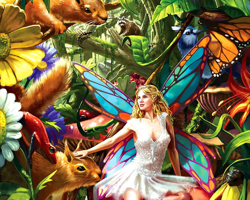 Fairy, squirrel, luminos, winga, orange, animal, fantasy, butterfly, girl, green, bird, flower, white, blue, HD wallpaper
