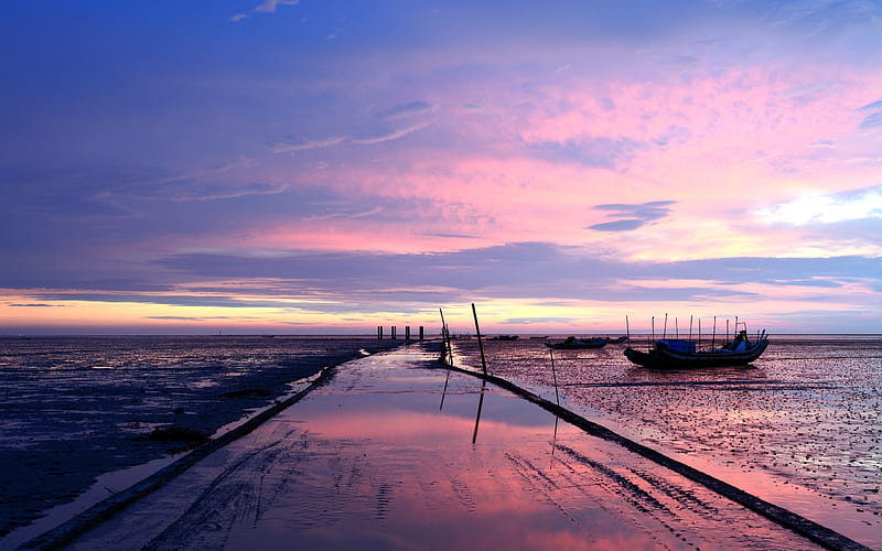 Purple sunset fishing boats-Nature, HD wallpaper