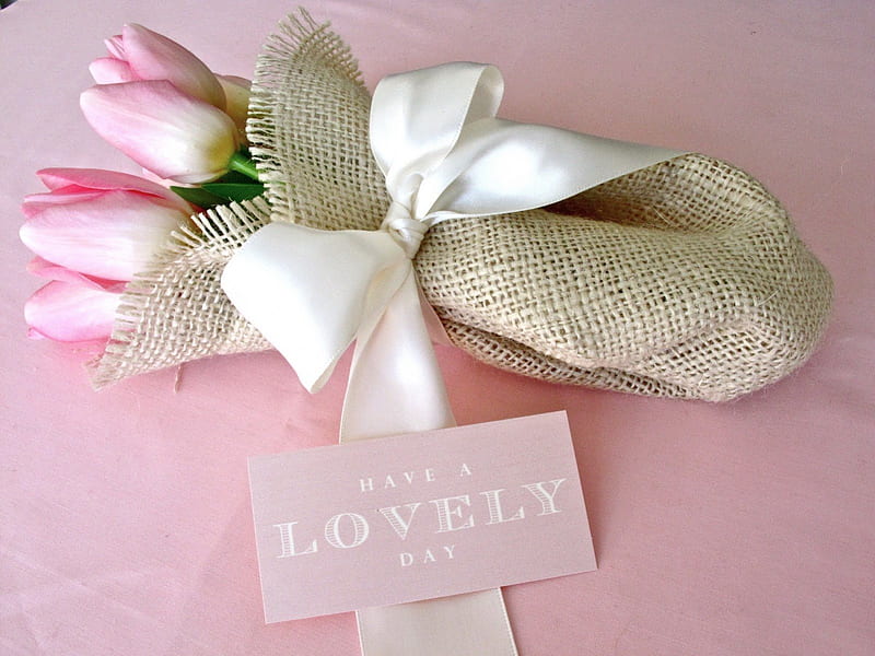 ~Every Day~, lovely, satin, ribbon, tulips, hemp bag, pink, HD wallpaper