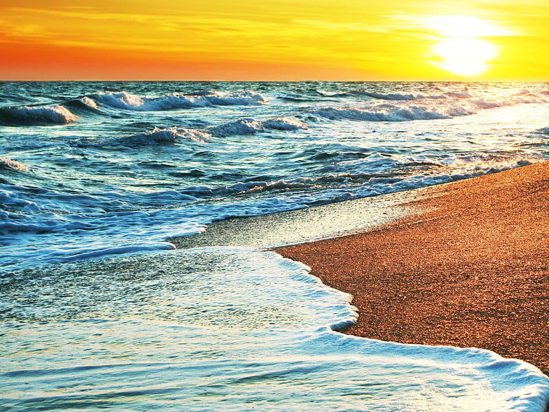 sand and sunset, wet, sun, ocean, yellow, sunset, waves, sky, sea, beach, sand, water, summer, hot, beauty, sunshine, blue, HD wallpaper
