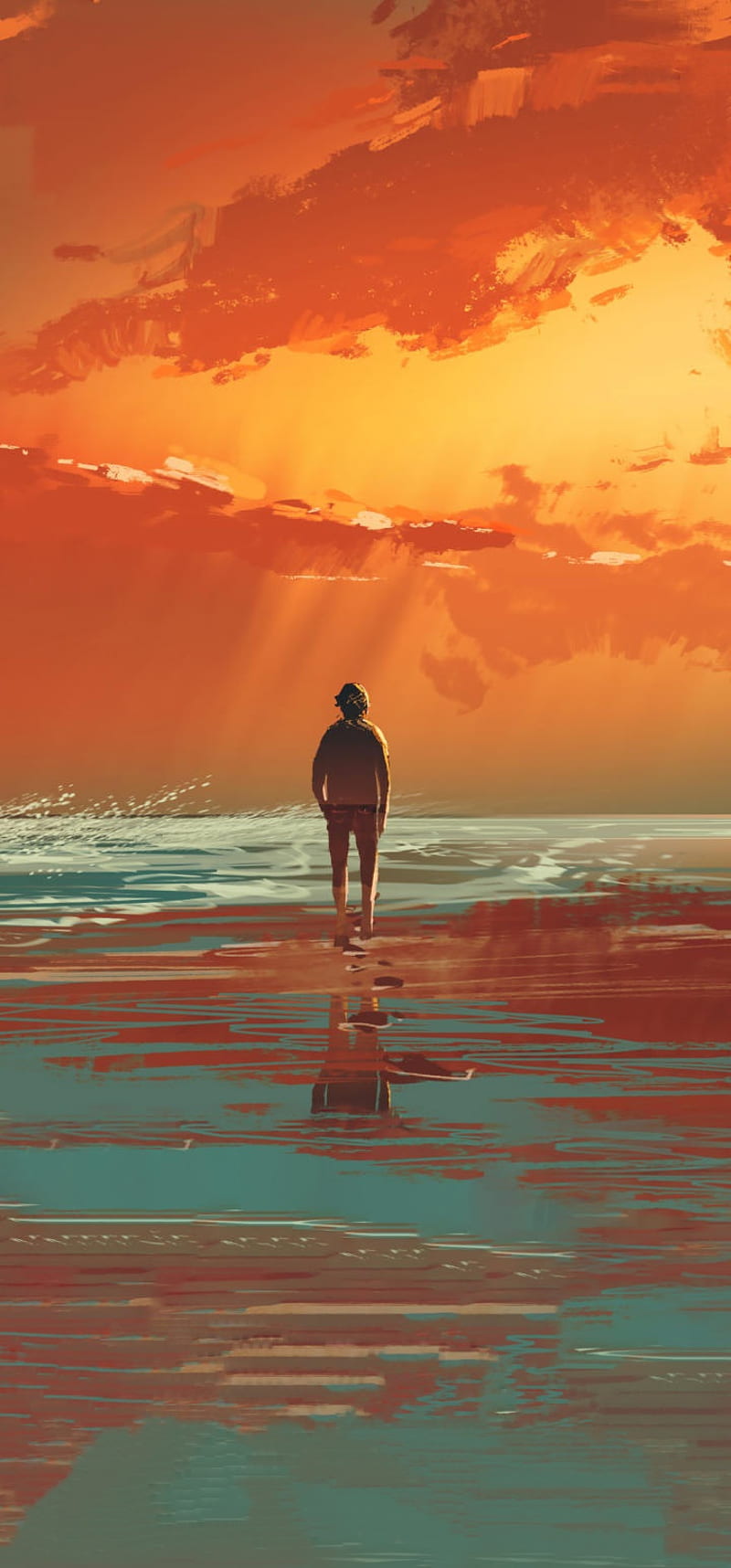 Alone , anime, anime guy, orange, orange sea, orange sky, sad, sea, sunset, HD phone wallpaper