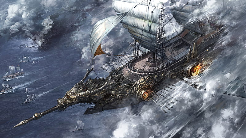 Fantastic ship, cloud, fantasy, ship, gris, dragon, sky, HD wallpaper