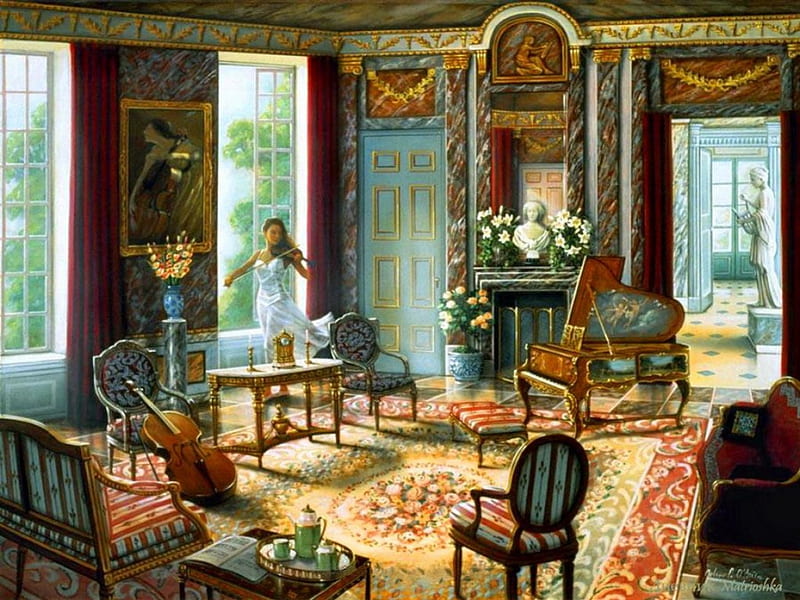 Concert room, art, house, hall, music, bonito, concert, woman, girl, violine, painting, lady, HD wallpaper