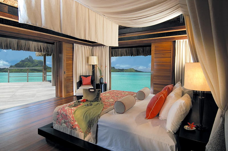 Paradise dreams, lamp, ocean, curtains, bed, paradise, sheets, chair, room, tropical, pillows, HD wallpaper