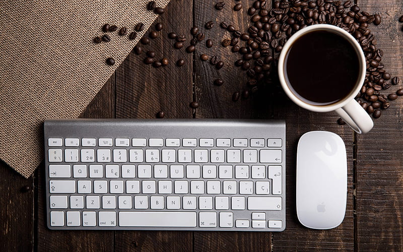 Keyboard, Mouse and Coffee, keyboard, coffee, beans, mouse, HD wallpaper